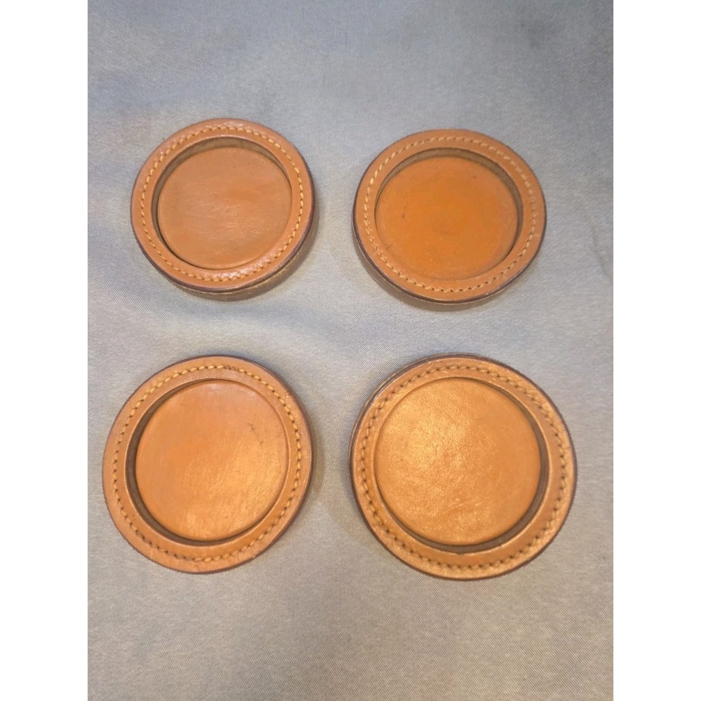 Vintage Fulton Saddle Stitched Brown Leather Coasters Holder Russ Lew Goodman